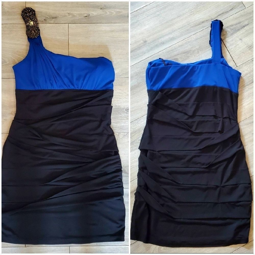 City triangles One-shoulded sparkle embellishment neckline Black/royal b… - Picture 2 of 15